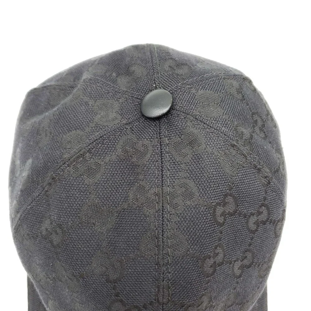 100% Authentic Gucci Cap Black Canvas Leather Hat Unisex - Picture 6 of 11